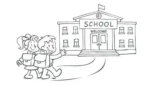 时钟的一部分欢迎回到学校-有趣的男孩和女孩与书包去学校照片