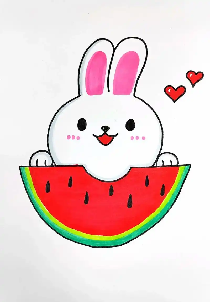 夏天创意儿童画《小兔子吃西瓜》,简单好看,幼儿园小朋友也能独 - 抖