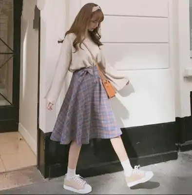 秋冬新款宽松毛衣衫搭配格子半身裙学院风小清新针织套装裙两件套