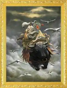 大小款 太上老君画像 老子骑牛巡天图 道教神仙画像挂像挂画 带框