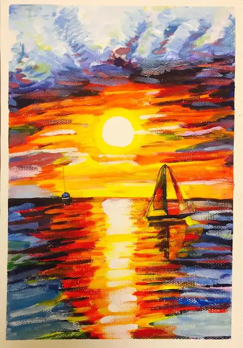 水粉画海上日出