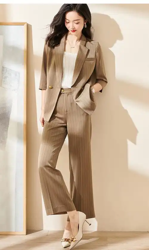 阳2022夏季新款简约百搭条纹职业阔腿裤高腰显瘦通勤裤子1026 香槟色