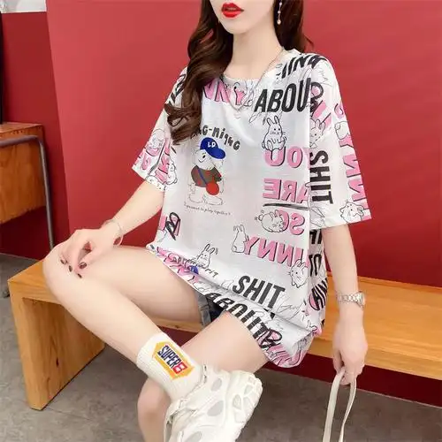 短袖t恤女夏透气中长韩版字母圆领新款上衣