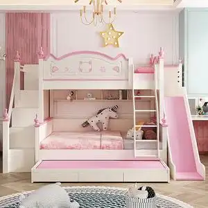 上下床双层床女孩公主床高低床上下铺双层床带滑滑梯子母床98人付款