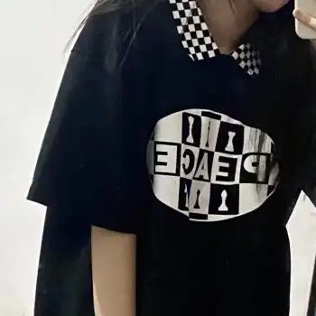 酷酷的polo衫原宿bf风黑色短袖t恤ins火学生宽松天衣服女polo衫健康棉