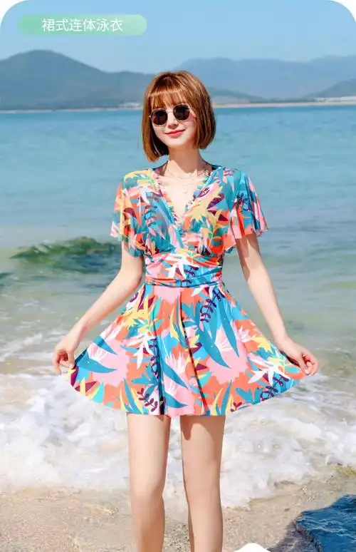 新款泳衣女连体平角时尚遮肚显瘦游泳蕾丝时尚大码泳衣温泉游泳衣