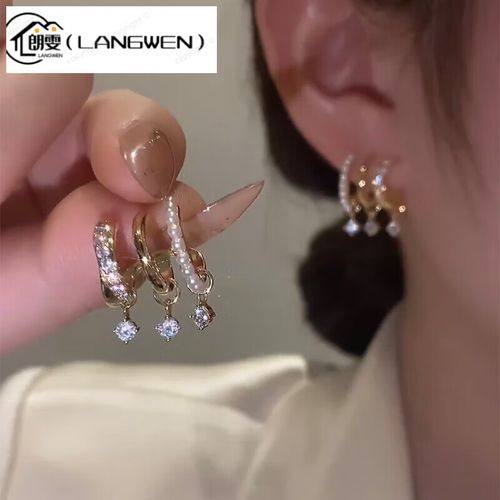 snqpa网红银针耳钉女特别设计感小众一个耳洞戴出三个耳洞耳排耳环 金