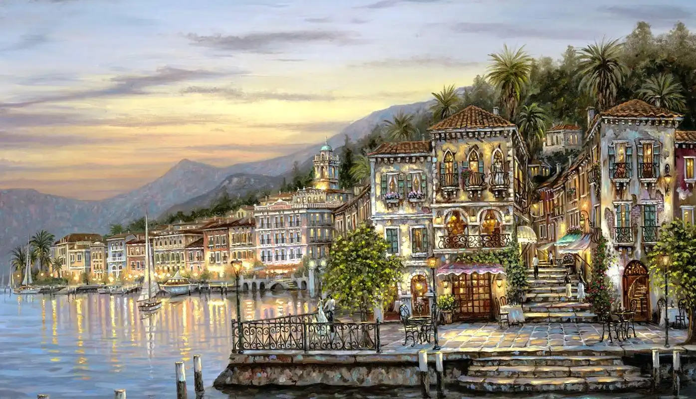 电脑壁纸一一 robert finale油画,异国情调小镇风光油画