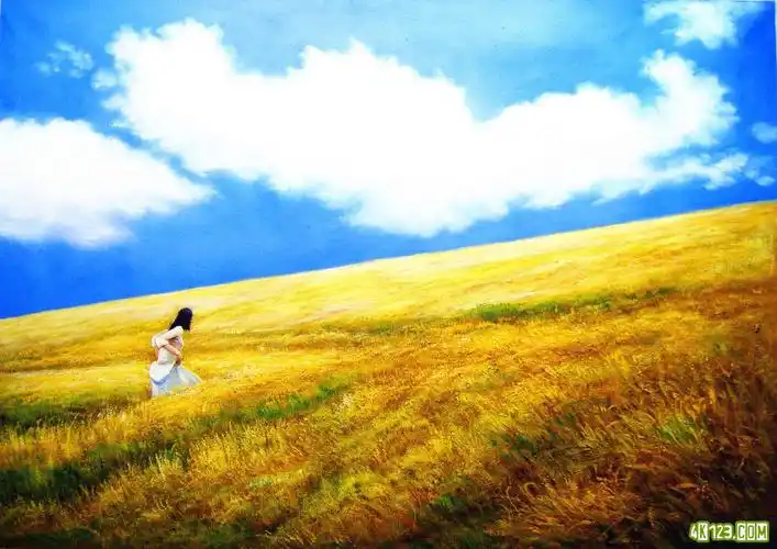 黄色麦田 金色麦田 麦田 少女 风景油画 丰收 天空 白云 秋天 手绘