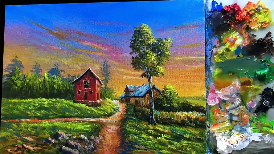 日落黄昏风景丙烯画作品欣赏简单的丙烯绘画教程