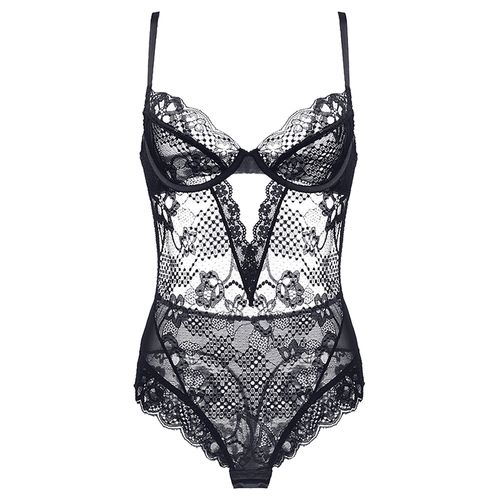 维密哆欧美性感超薄款镂空半透明连体内衣诱惑黑色蕾丝套装带文胸