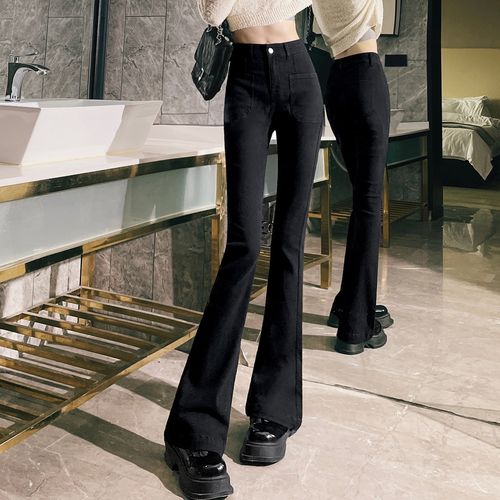 高腰复古牛仔喇叭裤女春款时尚大口袋脚口拼接修身显瘦拖地微喇裤