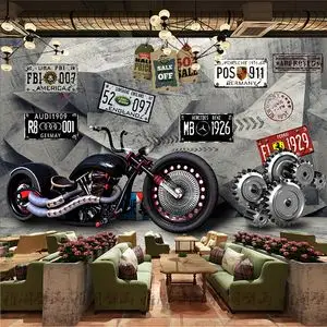 3d欧美工业风复古摩托机车墙纸主题汽车牌照网咖酒吧餐厅壁画