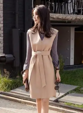 韩国2018冬季新款韩版百搭呢子收腰无袖马甲背心毛呢连衣裙女