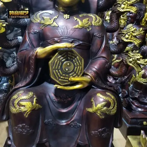 开光黄铜无极老母铜像九龙老母太极八卦无生老母坐像风水铜器摆件