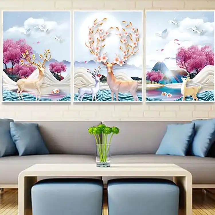 蒙娜丽莎十字绣发财麋鹿欧式三联画线绣客厅简约现代手工绣满绣# - 抖