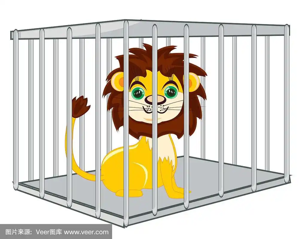 卡通的野生动物狮子在铁笼子