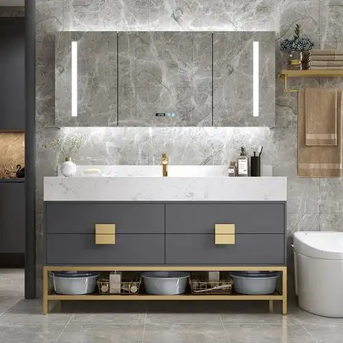 岩板一体现代轻奢双盆浴室柜组合落地式洗脸洗手浴室柜组合