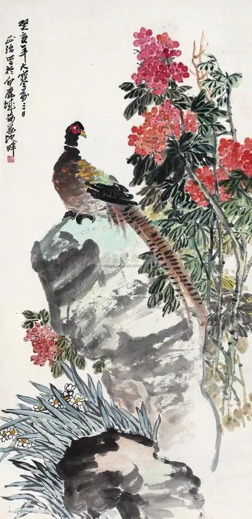 0153锦鸡图挂轴设色纸本