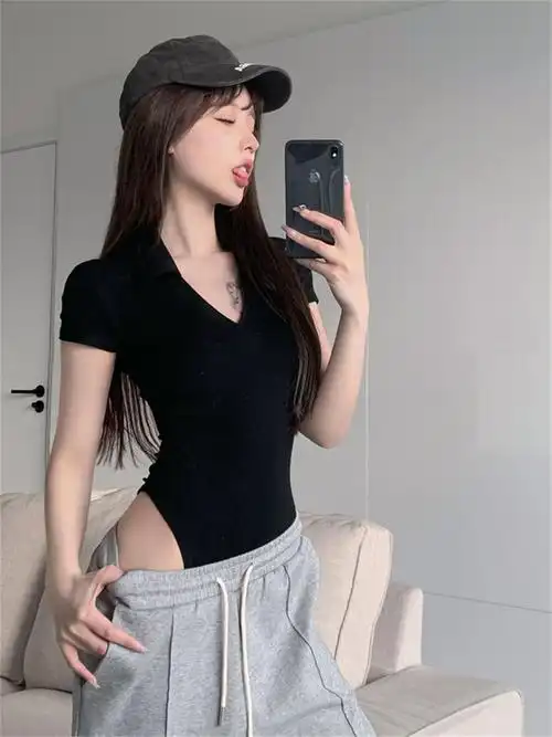 欧美性感连体衣女装长袖显瘦辣妹紧身短袖t恤连裆打底高街上衣潮 - 17