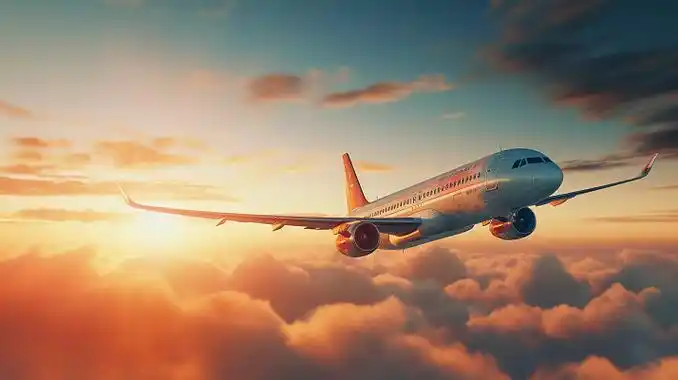 迎着落日夕阳的飞机客机飞过云端落日下的飞机