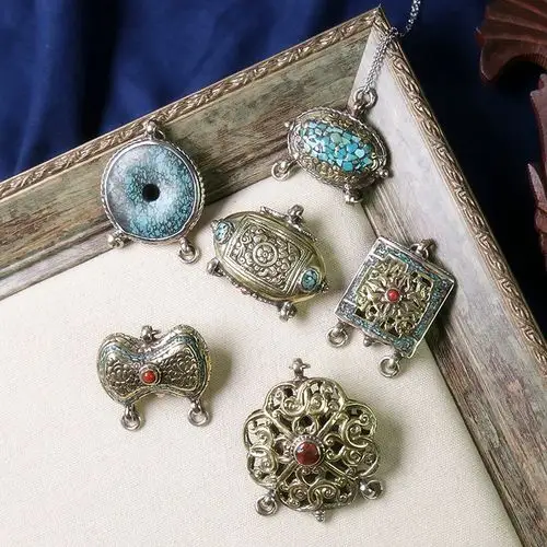 新品藏饰品复古手工纯铜镶绿松石吊坠三孔可diy佛牌链项链民族风