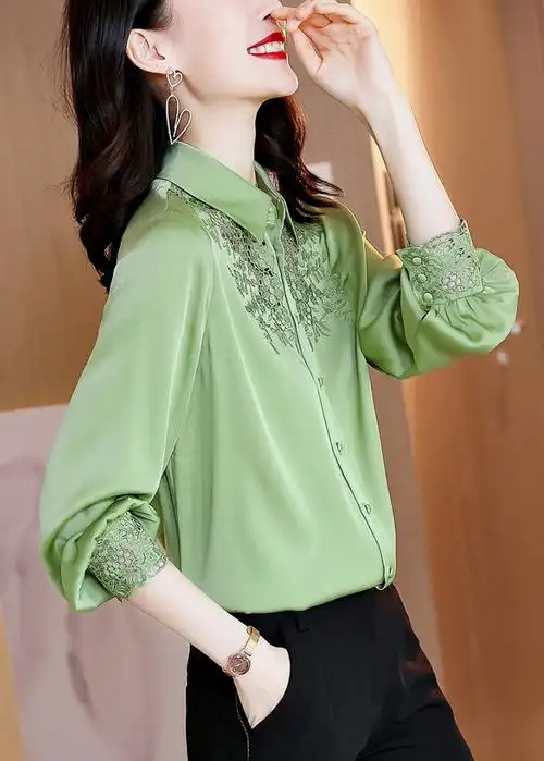 刺绣重磅真丝衬衫女长袖大牌2021春季新款时尚高端缎面桑蚕丝上衣