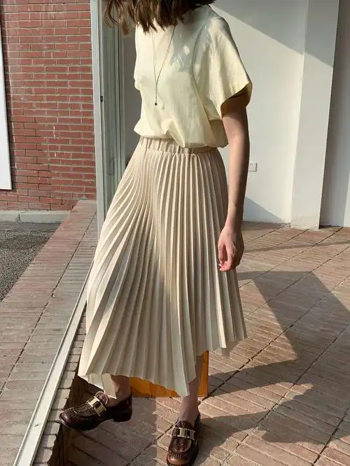 dt edition十三行女装百搭百褶裙2021春季新款韩版中长高腰半身裙