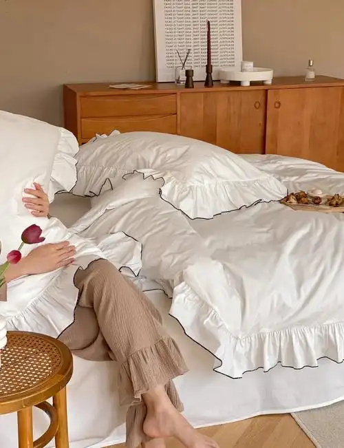 少女心纯色荷叶边床上四件套