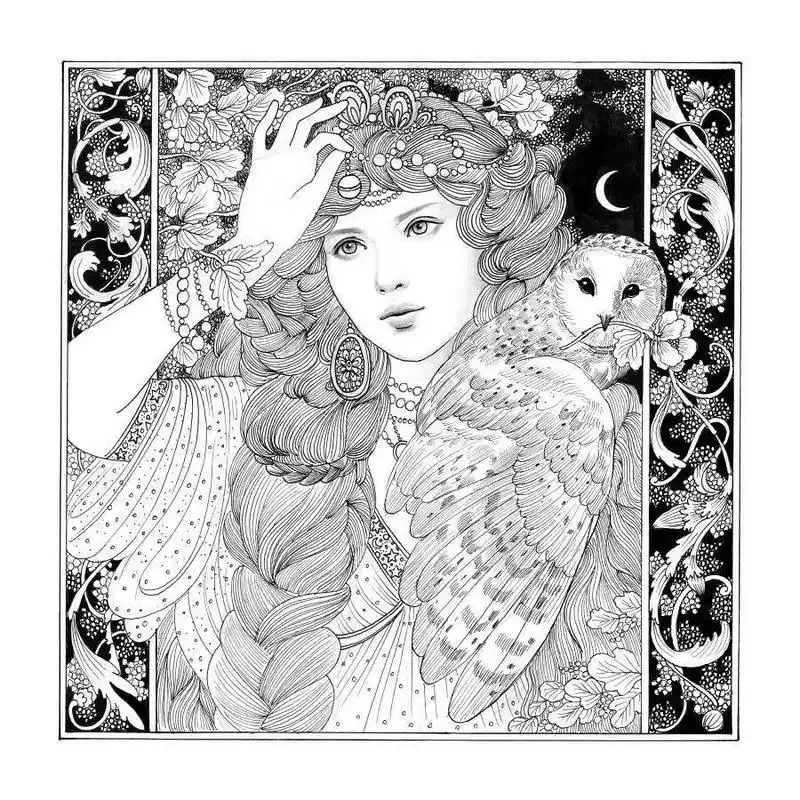 针管笔黑白线描,复杂精致的线条描绘出神话般的少女场景插画,月夜下的