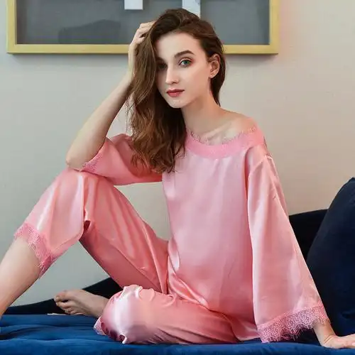 七分袖性感蕾丝重磅真丝绸家居服套装洁绣女春夏桑蚕丝睡衣两件套