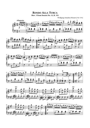 土耳其进行曲 莫扎特奏鸣曲k331第三乐章 原版钢琴谱 五线谱