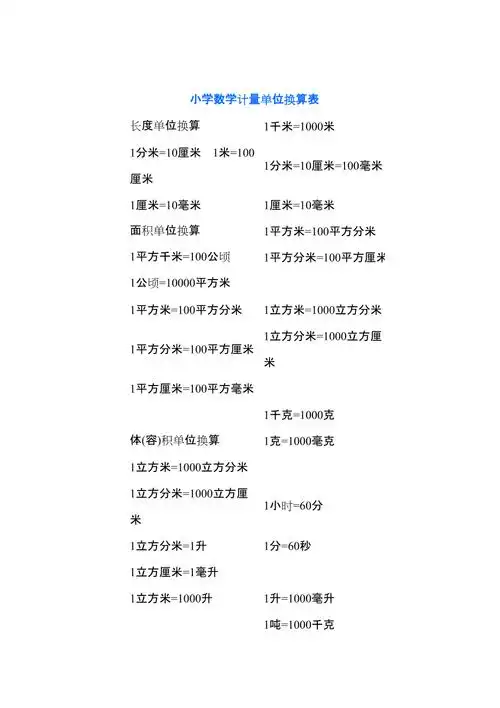 小学数学计量单位换算表