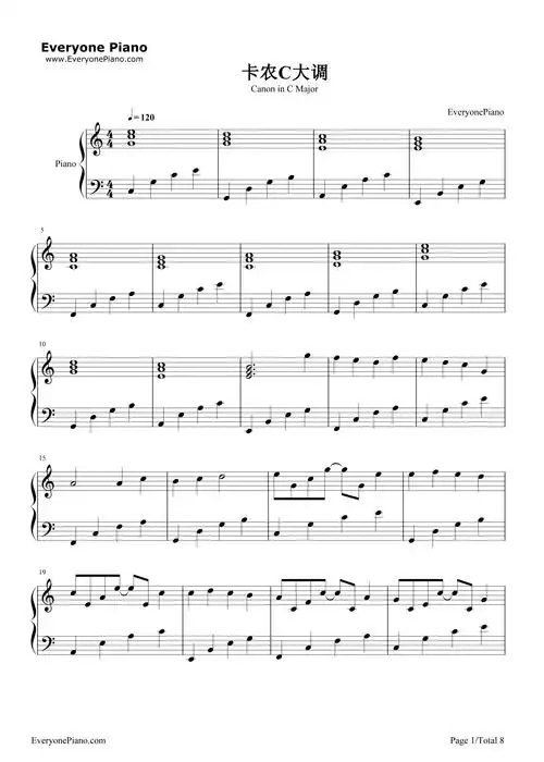 卡农c大调最简版-eop教学曲五线谱预览1