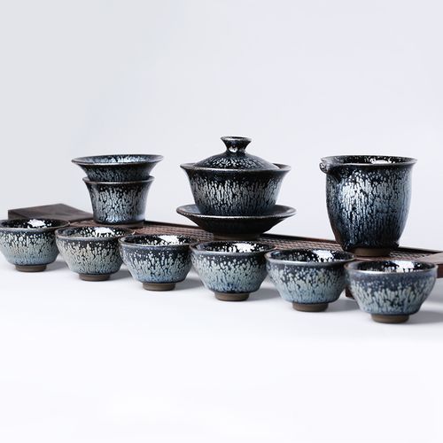 建窑大师级纯手工作品若雪银油滴建盏茶杯功夫茶具套装家用礼盒装