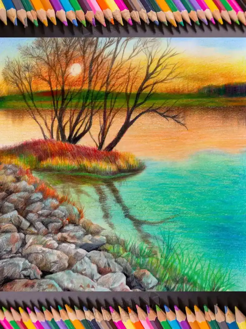 【彩铅案例教程】-彩铅河畔夕阳95风景图文教程#彩铅 #绘画 - 抖音