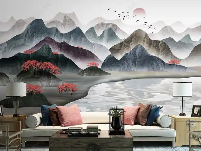 新中式禅意水墨山水鸿运当头电视沙发背景墙壁画