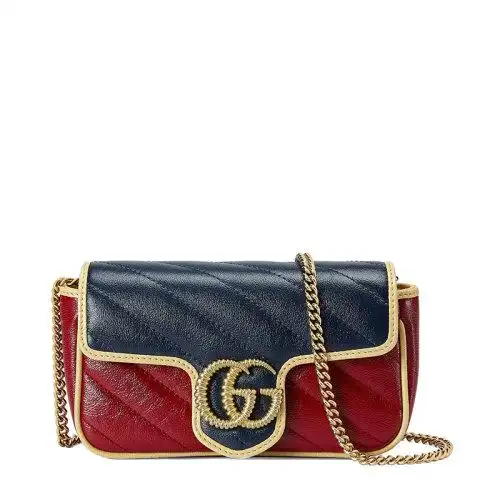 【包税】gucci/古驰21年秋冬gg marmont系列 女士超迷你蓝色/红色皮革
