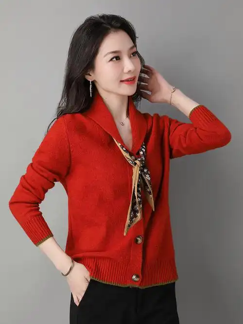 妈妈春装针织开衫带领结外套女短款中年时尚洋气高贵气质年轻春秋