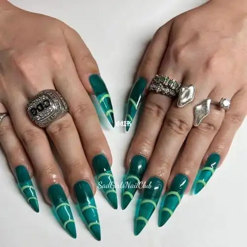 欧美甲| 长尖头透绿色小众设计感美甲999790