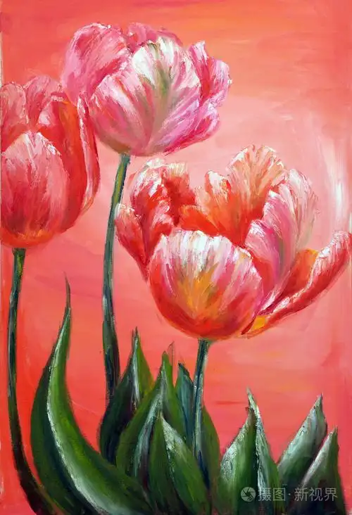 油画红色郁金香
