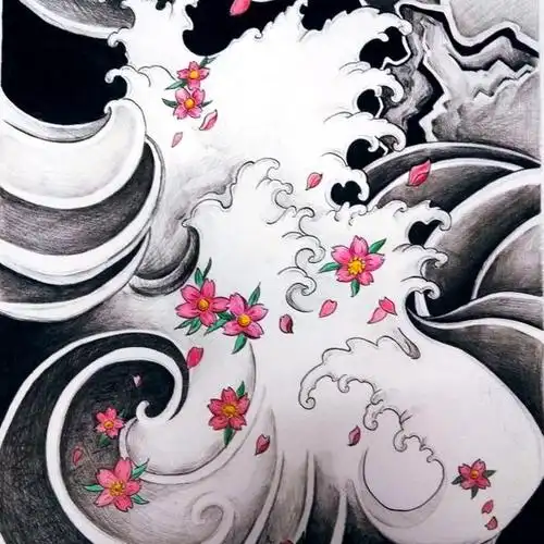 日式樱花海浪手稿各种纹身手稿_纹身吧社区 - 纹身大咖