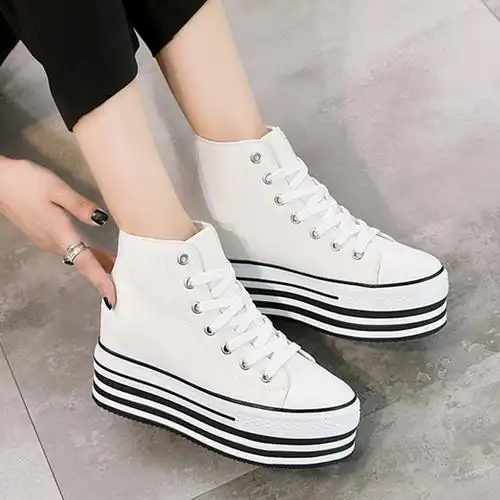 香港冬新款女鞋加绒厚底高帮休闲鞋女内10cm帆布鞋超高跟