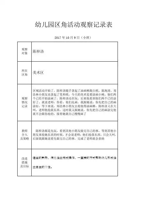 幼儿园区角活动观察记录表 2017年10月9日(小班) 观察|对象|陈梓洛