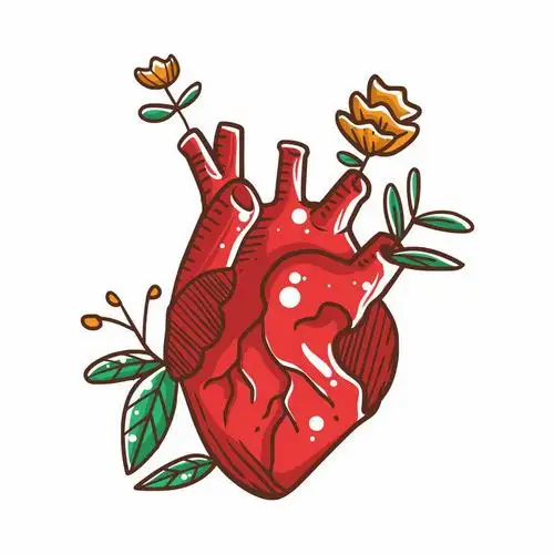 卡通红色心脏上长出了鲜花和树叶png图片免抠矢量素材