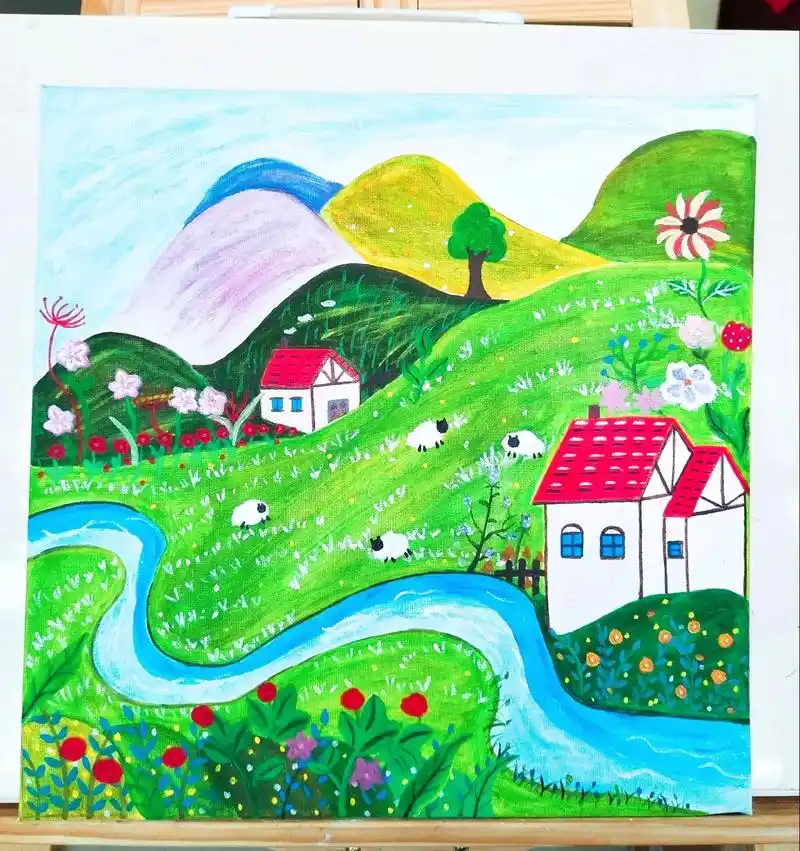 少儿油画——美丽的风景 #春天主题画#丙烯画 - 抖音