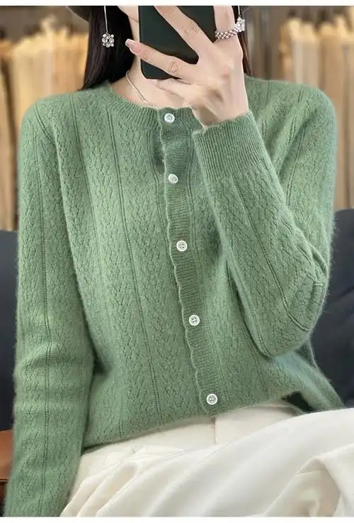 开衫羊毛开衫外套女镂空提花针织毛衣圆领长袖秋冬新款