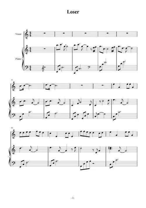 loser钢琴谱bigbangc调钢琴弹唱五线谱