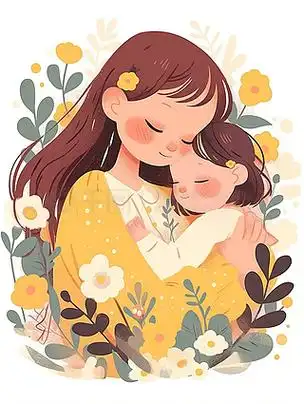 妈妈抱着小女孩母婴卡通人像水彩插图