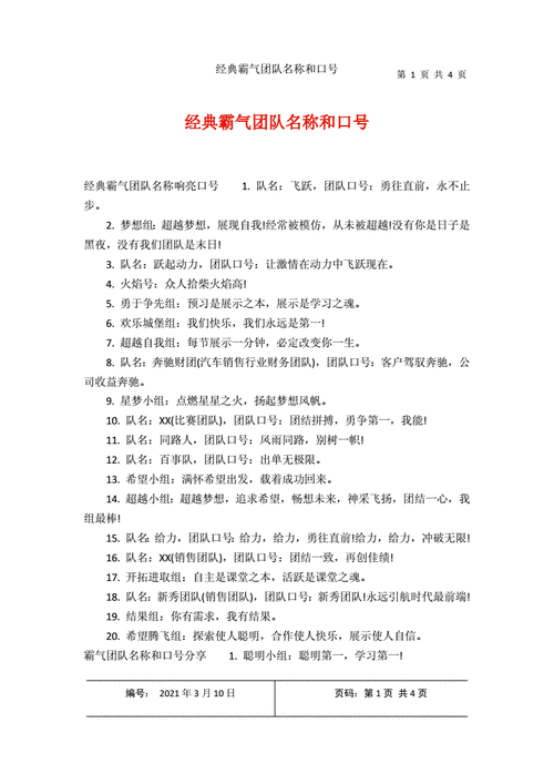 经典霸气团队名称和口号.docx 4页